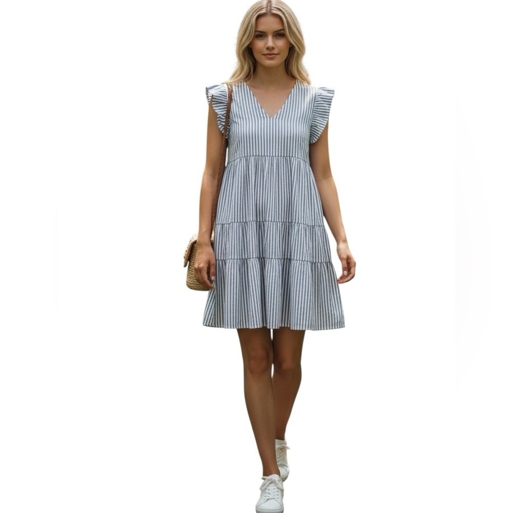 Max Studio Sleeveless Tiered V-neck Dress classic stripe print size XL